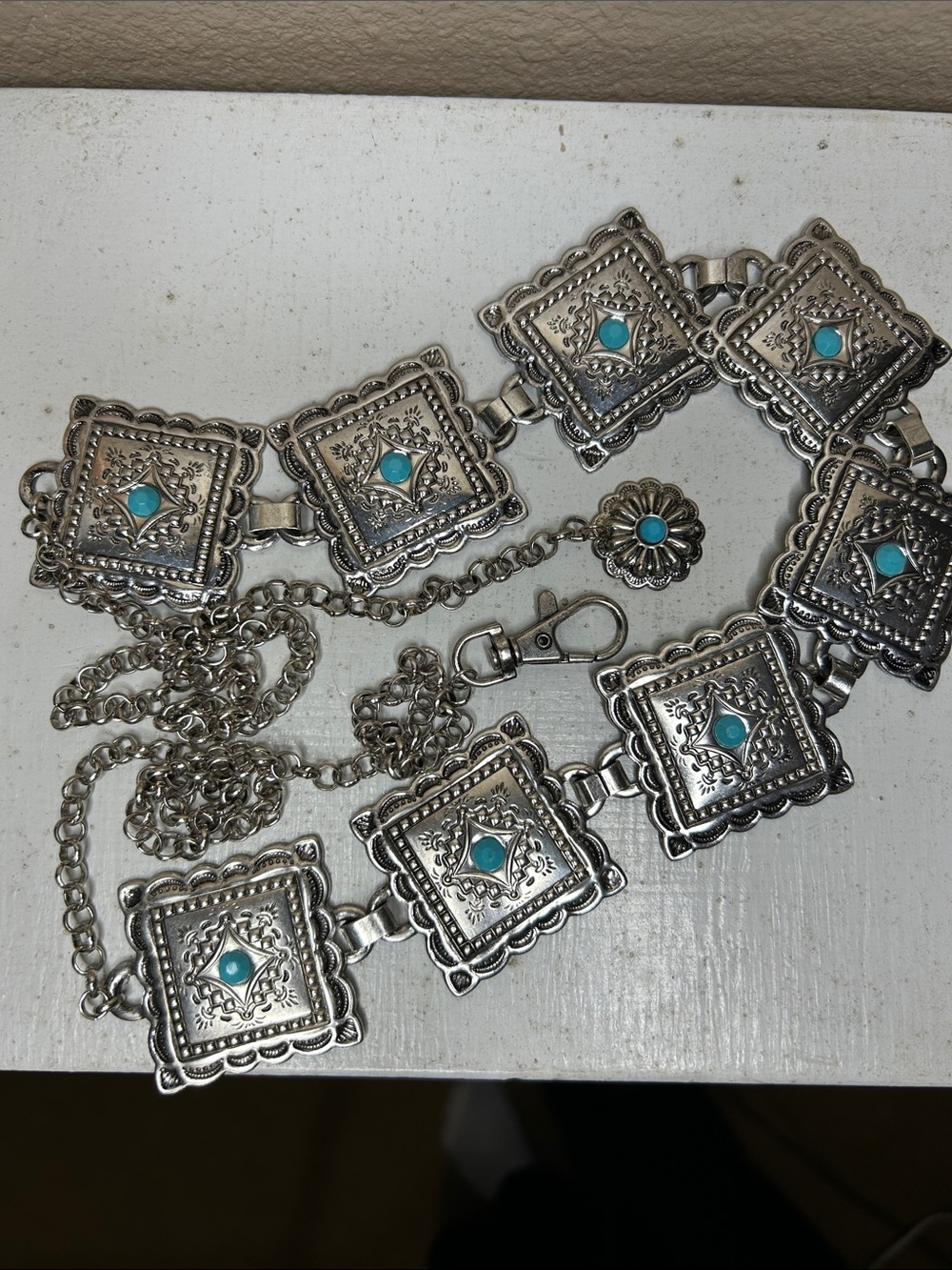 WESTERN square concho faux turquoise chain belt